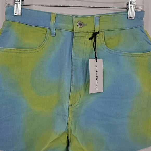 Revolve Weworewhat Womans 27 Flare Bell Shorts Stretch Twill Denim Tie Dye NEW - Picture 3 of 8
